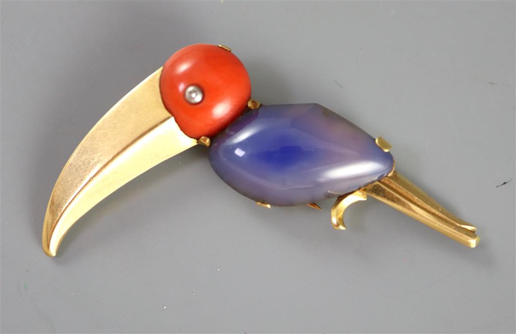 A mid 20th century French 18ct gold, coral and cabochon blue chalcedony? set Toucan clip brooch by J. Lacloche, Paris/Cannes,